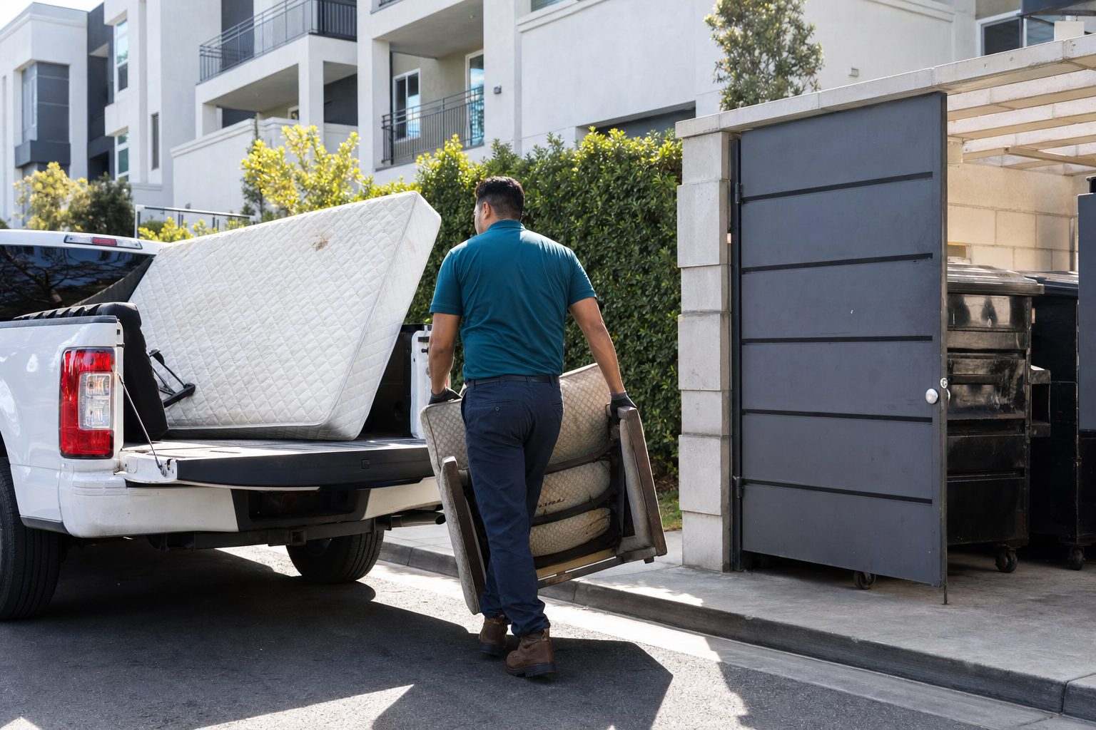 Bright City crew removing a mattress and discarded chair from an apartment trash area