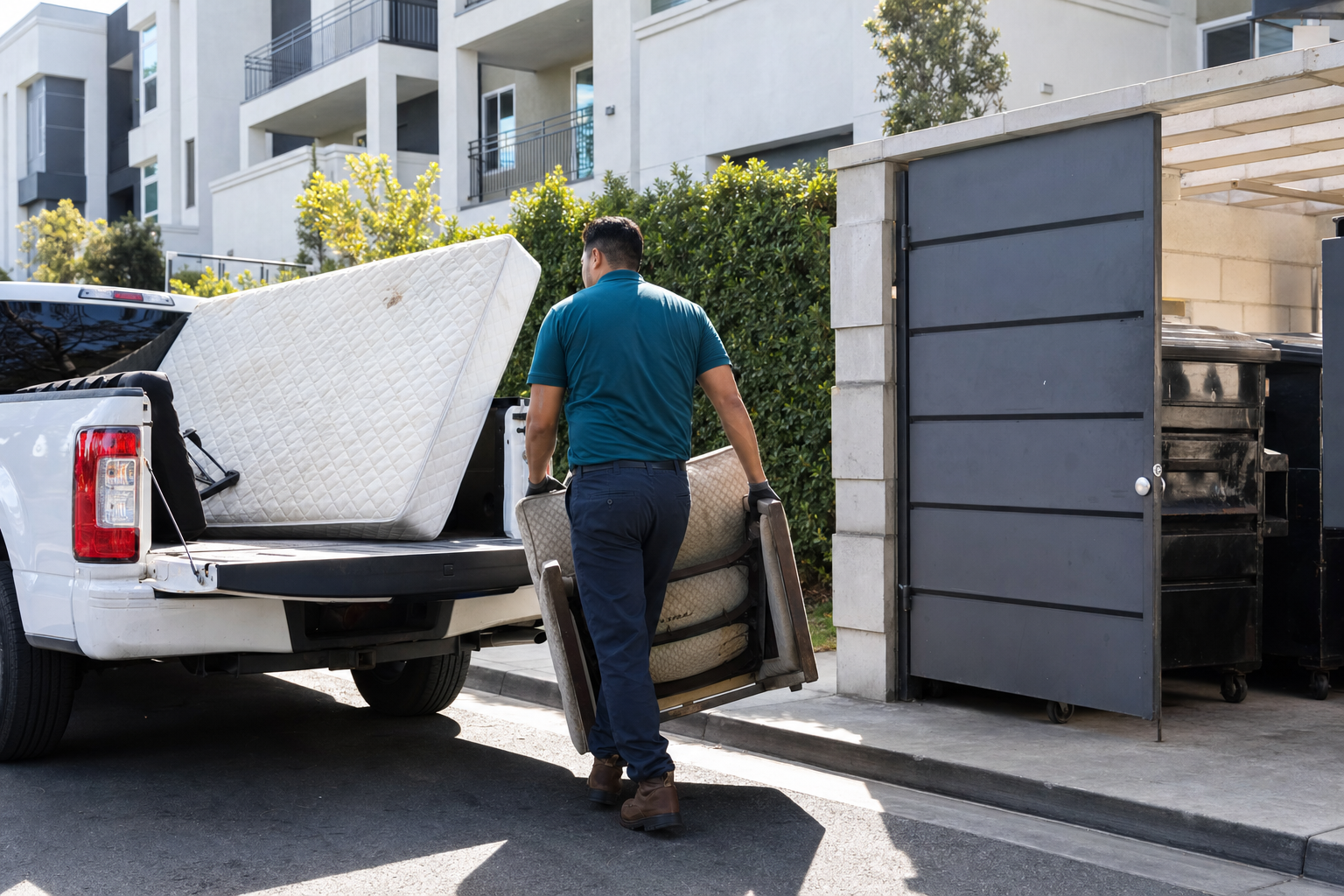 Bright City crew removing a mattress and discarded chair from an apartment trash area