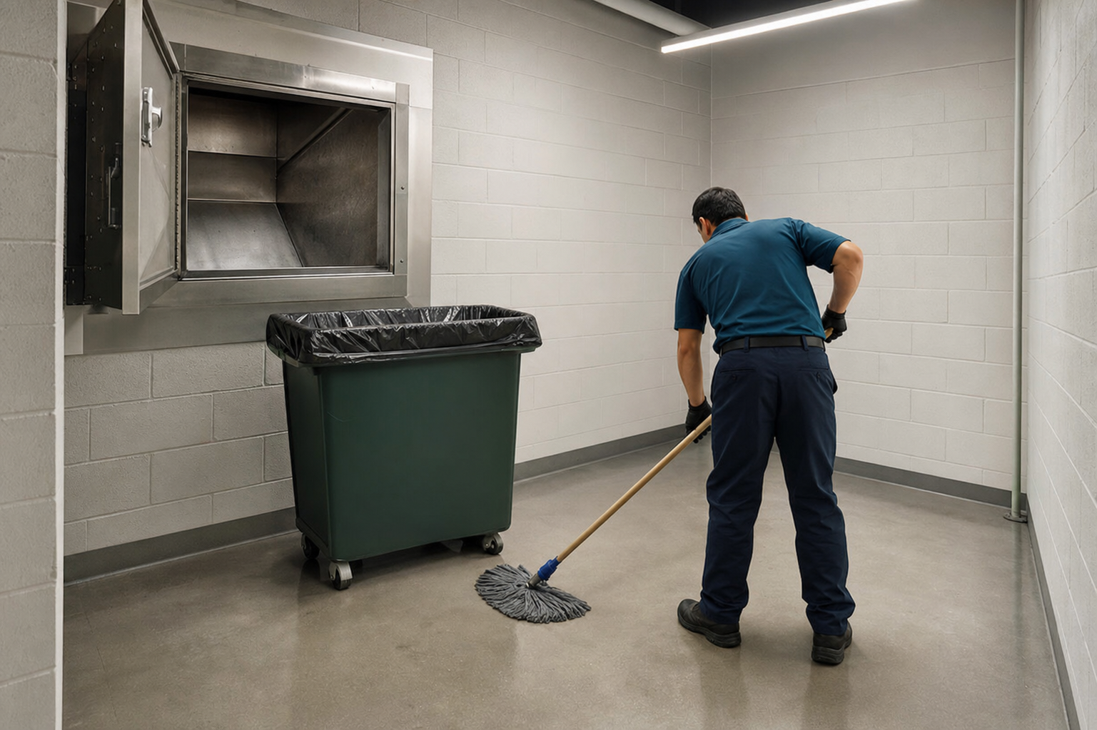 Clean, well-lit trash chute room in a modern apartment building