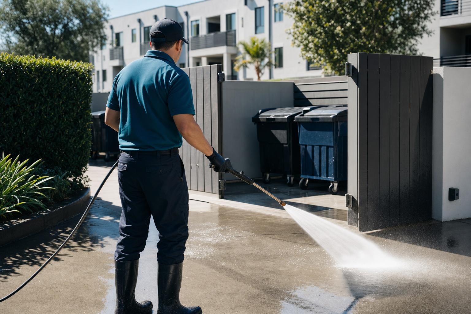 Bright City technician cleaning and organizing a trash enclosure at an Orange County apartment community